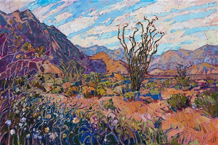 Oil painting of Borrego desert landscape in purple and orange by contemporary impressionist artist Erin Hanson Painting Ocotillo Spring