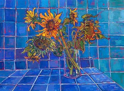 &quot;Blue Tiles and Sunflowers&quot; original oil painting for sale by the modern van Gogh Erin Hanson
