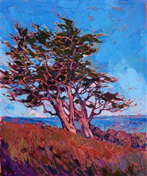 Pacific Grove cypress tree landscape oil painting for collectors of California impressionism. Pacific Grove cypress tree landscape oil painting for collectors of California impressionism.