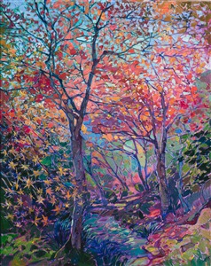 Sogenchi Garden Japanese maple trees oil painting by modern impressionist Erin Hanson