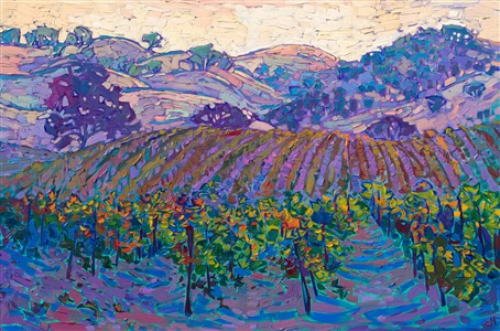 Autumn vineyards in Paso Robles, California, painted in thick impasto oil paintings by colorful impressionist painter Erin Hanson. Painting Hills and Vines