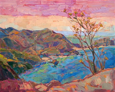 Early California style coastal painting with mustard flowers, by Erin Hanson