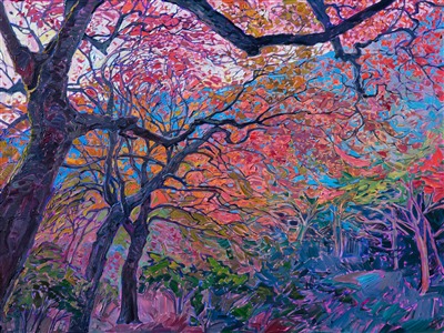 Japanese maple tree painting of red fall colors, by modern impressionist Erin Hanson. Painting Maple Light