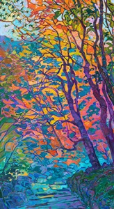 Kyoto Japan original oil painting of Japanese Maple trees, by modern impressionist Erin Hanson. Painting Autumn Mosaic