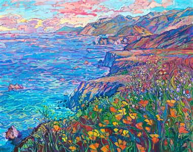 California Highway 1 contemporary impressionism oil painting of wildflowers and coastline, by Erin Hanson Painting Ocean Blooms