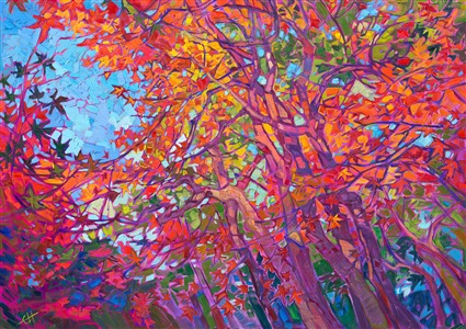 Japanese maple tree oil painting by impressionist landscape painter Erin Hanson. Painting Maple Foliage