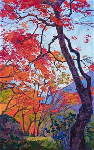 Kyoto scenery oil painting of vivid autumn colors painted by contemporary impressionist artist Erin Hanson
