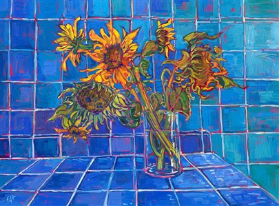 Blue Tiles and Sunflowers, original oil painting for sale by the modern van Gogh Erin Hanson