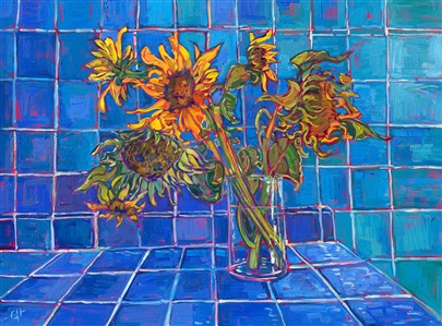 Blue Tiles and Sunflowers, original oil painting for sale by the modern van Gogh Erin Hanson Painting Blue Tiles and Sunflowers