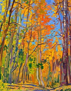 Autumn colors of aspen in an impressionism oil painting by famous impressionist Erin Hanson. Painting Aspen Gold