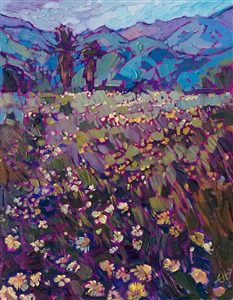 Small oil painting of the Borrego Springs super bloom Painting Mountains Blue