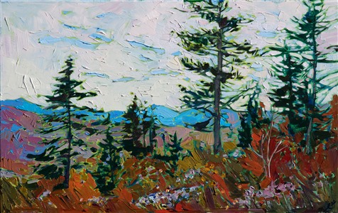 Landscape oil painting of Quill Hill in Maine with fall colors by impressionist artist Erin Hanson 