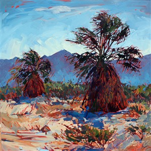 Young palm trees in Borrego Springs, painting by Erin Hanson