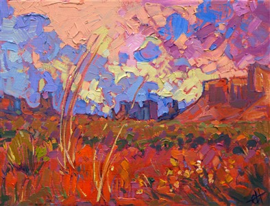 Dramatic sky over Monument Valley, painted in vivid oils by artist Erin Hanson