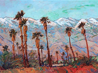 Oil painting of Palm Springs scenery with snowcapped mountains and palm trees by contemporary artist Erin Hanson Oil painting of Palm Springs scenery with snowcapped mountains and palm trees by contemporary artist Erin Hanson