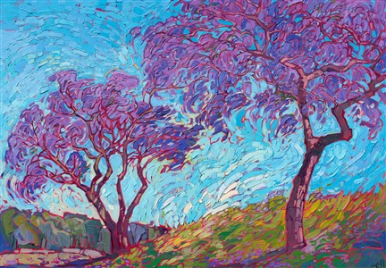 Mendocino northern California coastal oil painting in a contemporary impressionism style, by modern painter Erin Hanson. Painting Jacaranda Petals
