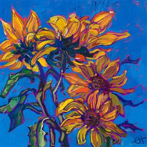 Impressionist sunflowers on blue sky, by modern artist Erin Hanson. Painting Sunflower Blues