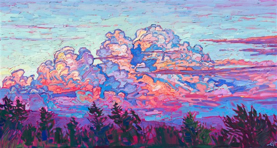 Cumulus clouds at sunset, original impressionist oil painting landscape by living artist Erin Hanson. Painting Billows of Light