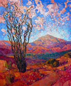 Contemporary desert oil painting landscape in bright colors, Arizona ocotillos, by Erin Hanson.