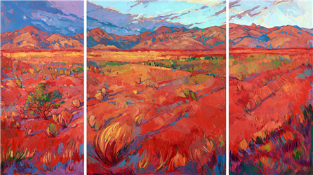 Large triptych original oil painting with loose brushstrokes by Erin Hanson Painting Desert Rainbow