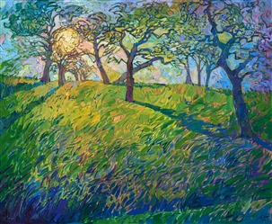 Landscape oil painting of Paso Robles hills with sunlight streaming through the trees, by impressionist artist Erin Hanson Landscape oil painting of Paso Robles hills with sunlight streaming through the trees, by impressionist artist Erin Hanson