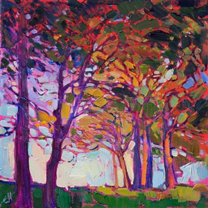 Peacock Dawn, petite oil painting for sale by California impressionist Erin Hanson. Peacock Dawn, petite oil painting for sale by California impressionist Erin Hanson.