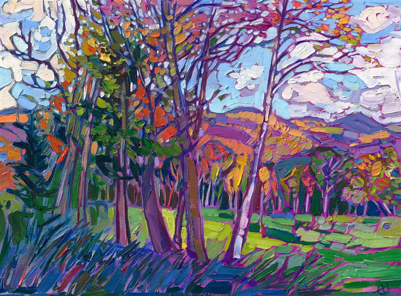 New England landscape oil painting in a modern impressionism style.