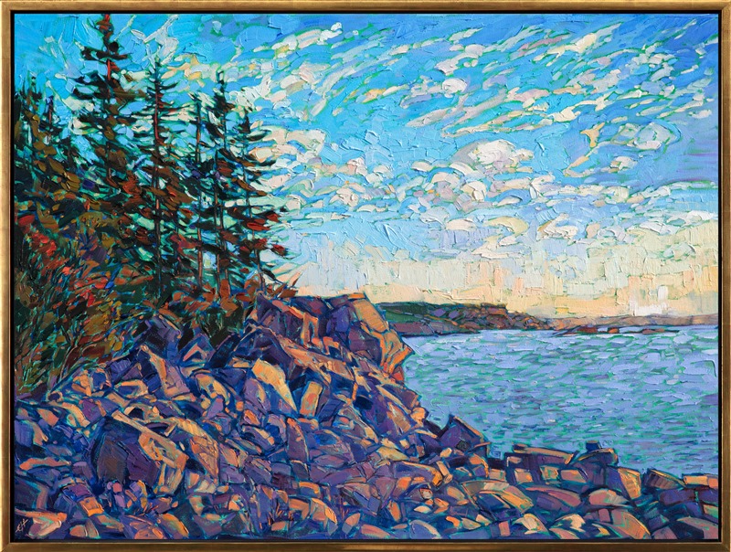 Oil painting of Acadia National Park by Erin Hanson framed in a gold floater frame