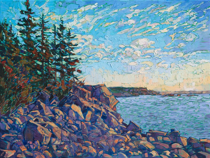Oil painting of Acadia National Park, seascape with rocks and pine trees, painted by impressionist artist Erin Hanson