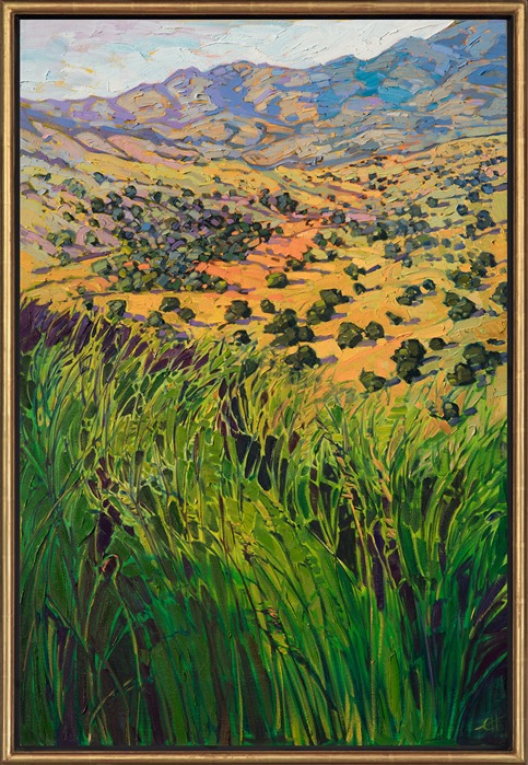Alpine Texas landscape oil painting by modern impressionist Erin Hanson, framed in a gold floater frame.