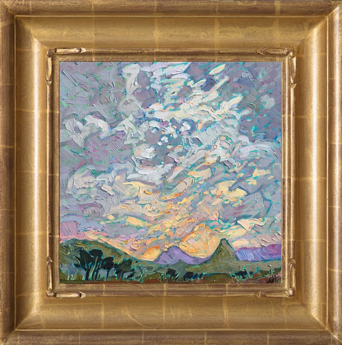 Small 12x12 painting of Alpine Texas, by modern impressionist painter Erin Hanson, framed in a gold frame.
