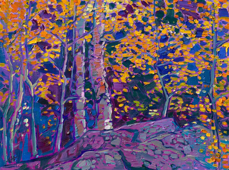 Aspen boulders original oil painting for sale by contemporary impressionist Erin Hanson