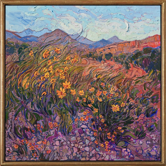 Impressionistic oil painting of wildflowers in Big Bend by Erin Hanson framed in a gold floater frame