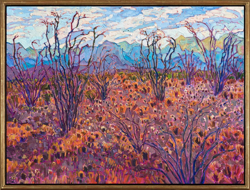 Impressionistic oil painting of ocotillos in Big Bend by Erin Hanson, framed in a gold floater frame