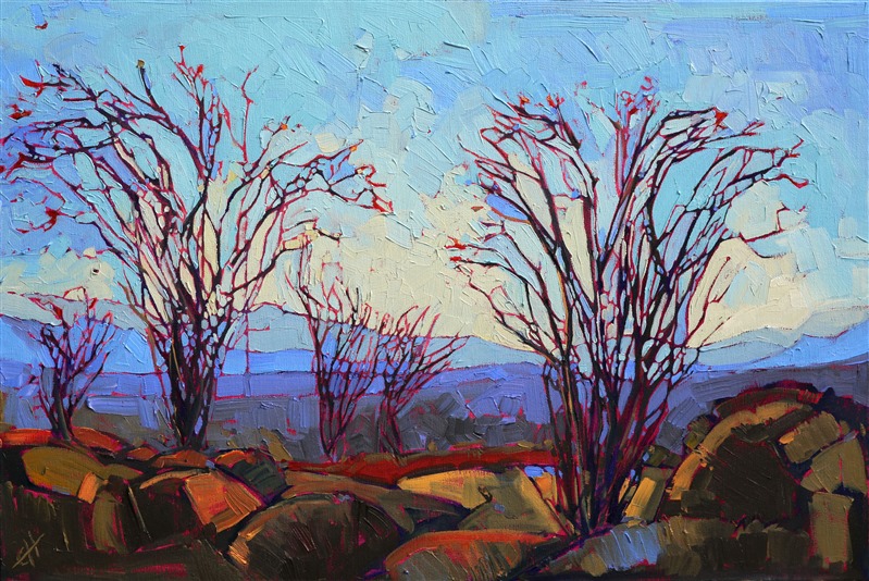 Abstract expressionist landscape painting of Ocotillo cacti, by Erin Hanson