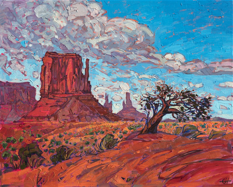 Colorful red rock landscape painting of bristlecone pine in Monument Valley, Arizona.