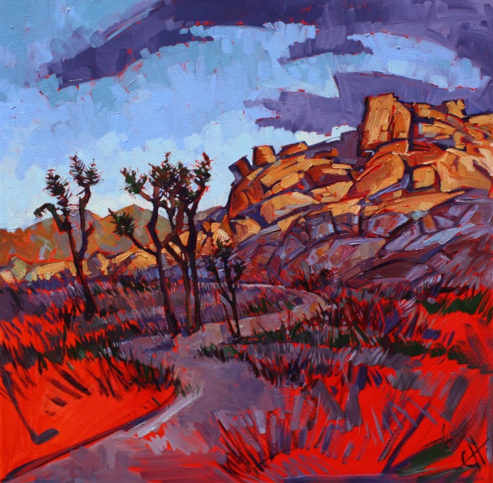 Joshua Tree dramatic storm oil painting by abstract impressionism artist Erin Hanson