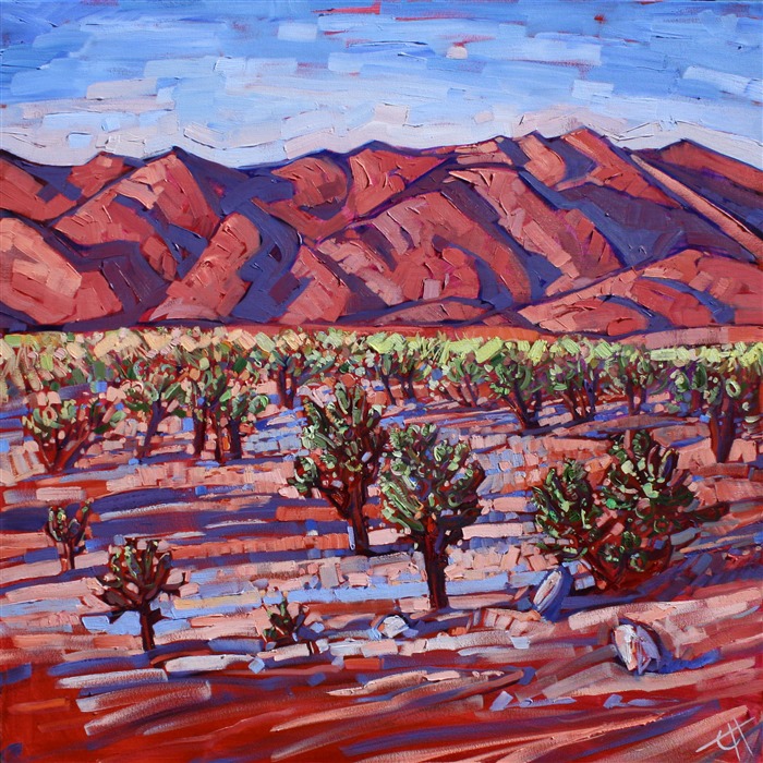 Joshua Tree Park painted in pinks an greens, by California impressionist Erin Hanson