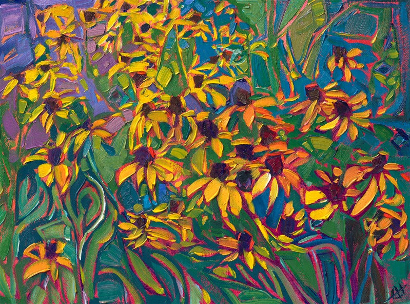 Yellow wildflowers original oil painting by modern impressionist Erin Hanson.