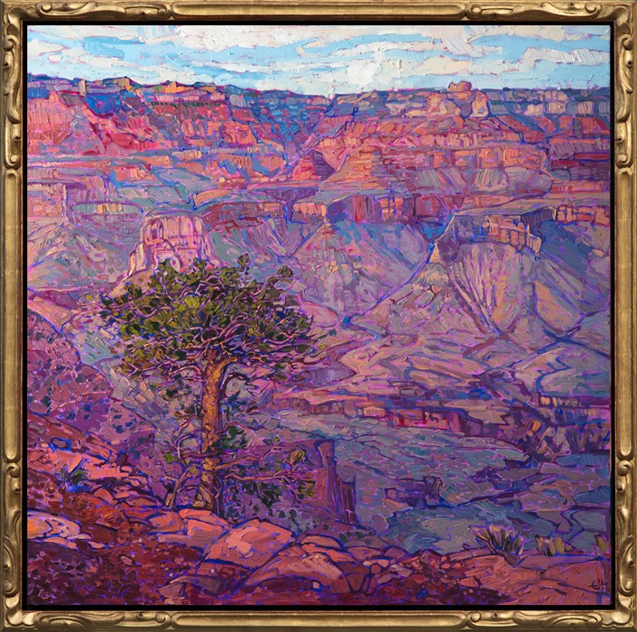 Landscape oil painting of the Grand Canyon with reds and blue, by impressionist artist Erin Hanson. This painting is framed in a gold hand carved floater frame.