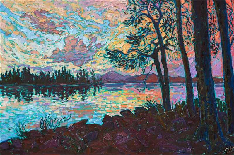Oregon Cascades sunset landscape painting in a Van Gogh style, by modern impressionist Erin Hanson.