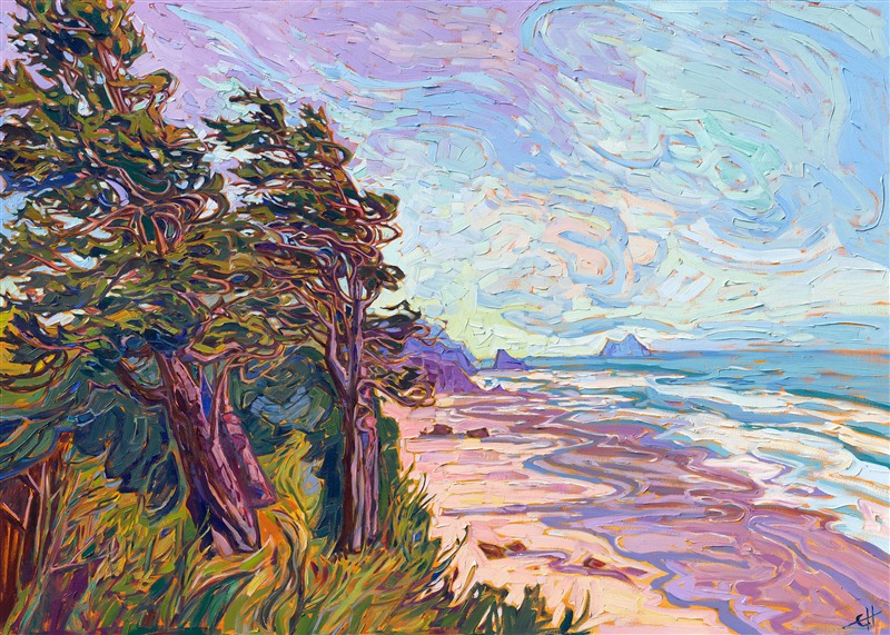 Windswept pines grow along the ragged shores of central Oregon, their twisted branches reflecting the movement of the westerly winds. The thick, impressionistic brush strokes of oil paint capture the movement and color of this Northwestern seascape.