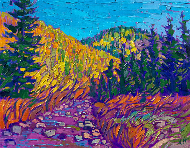 Colorado aspens above a stream, in an impressionist oil painting by Erin Hanson