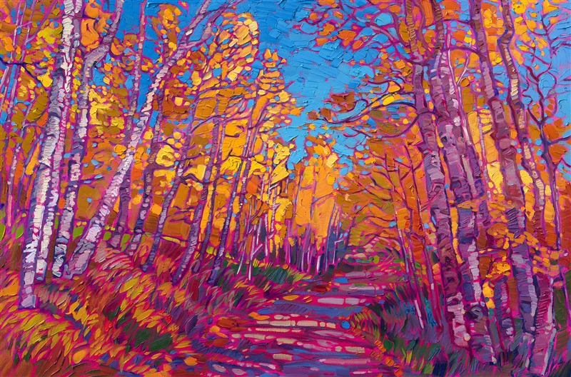 Aspen trees original oil painting of autumn golds against a blue sky, by impressionist Erin Hanson
