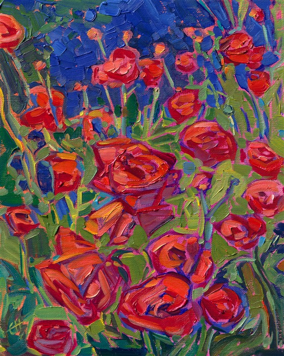 Each brush stroke in this oil painting is loose and painterly, capturing the impression of the red blooms.