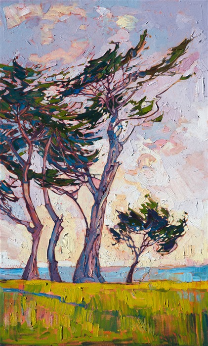 Monterey cypress trees oil painting landscape by California atist Erin Hanson