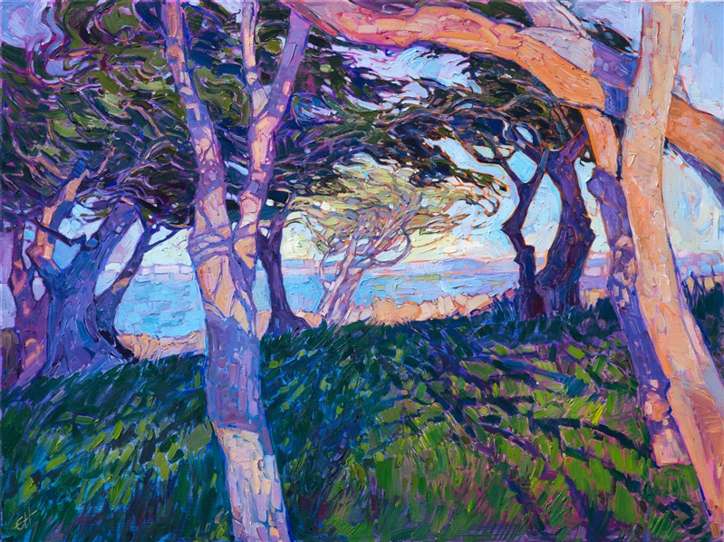 Monterey cypress landscape oil painting in expressive, modern color by Erin Hanson.