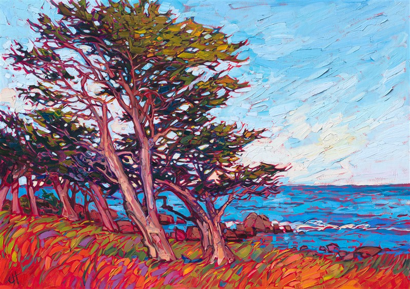 Cypress tree painting in the California impressionism style, by Erin Hanson