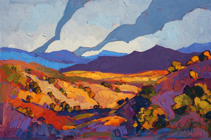 Bold, colorful oil painting of New Mexico desert, by Erin Hanson