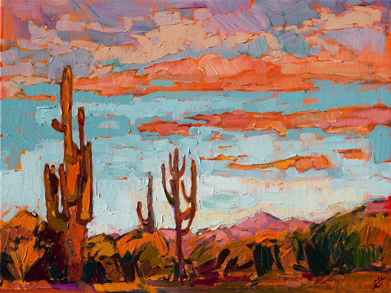 Small Arizona Western landscape oil painting of Saguaros, by contemporary impressionist Erin Hanson.